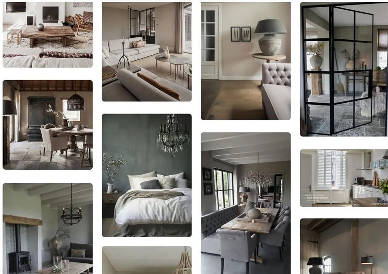 Moodboard med landlig indretning til stue