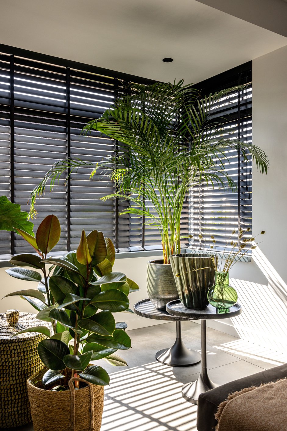 Zwarte houten jaloezieën in een botanisch interieur