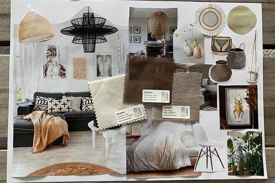 Een moodboard met natuurlijke en rustige kleuren